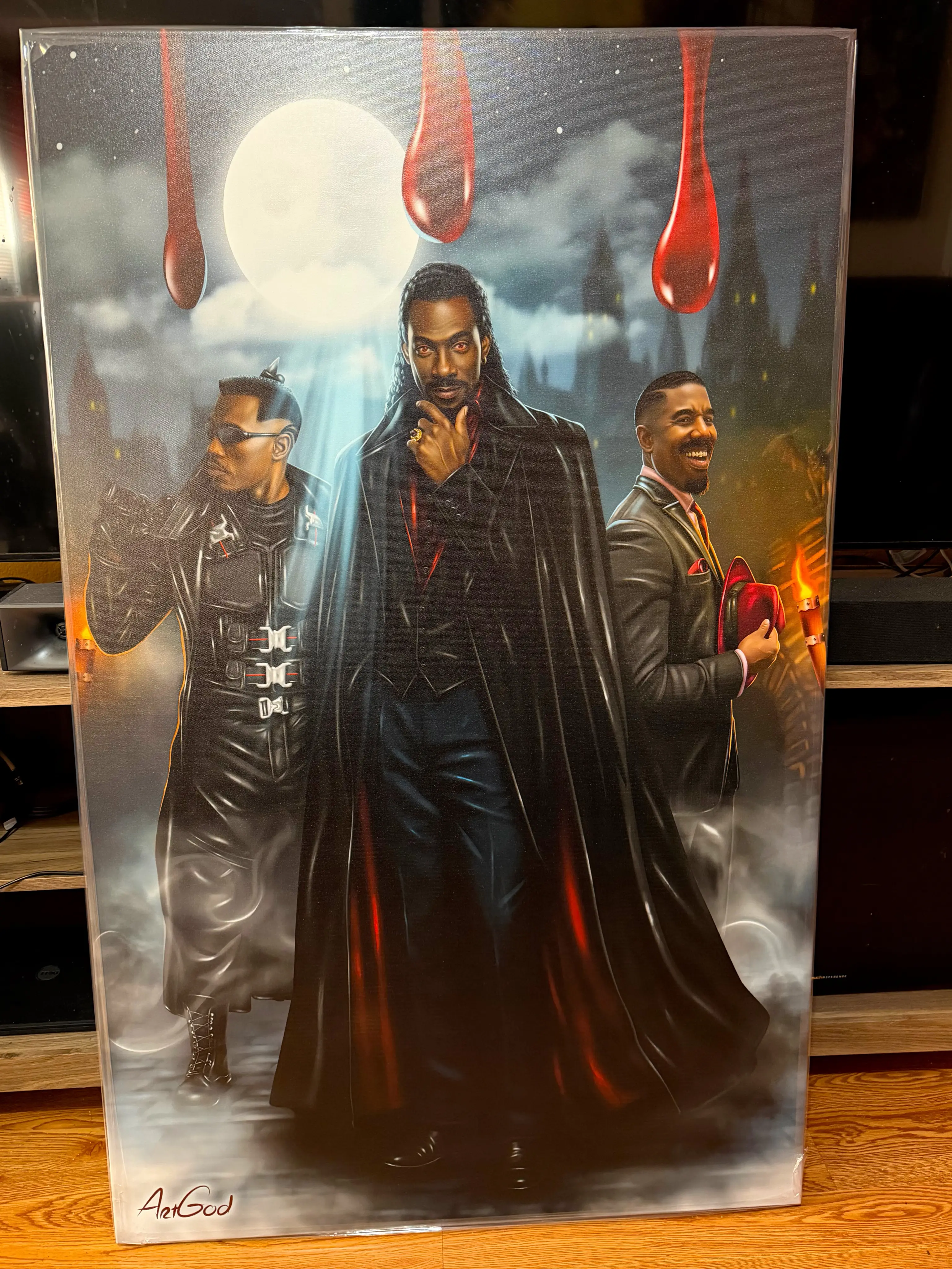 Blood Thirsty 24x36 Canvas Art - A Black Vampire Trio with Moonlit Scene and Blood Drops Blood Thirsty 24x36 Canvas Art - A Black Vampire Trio with Moonlit Scene and Blood Drops