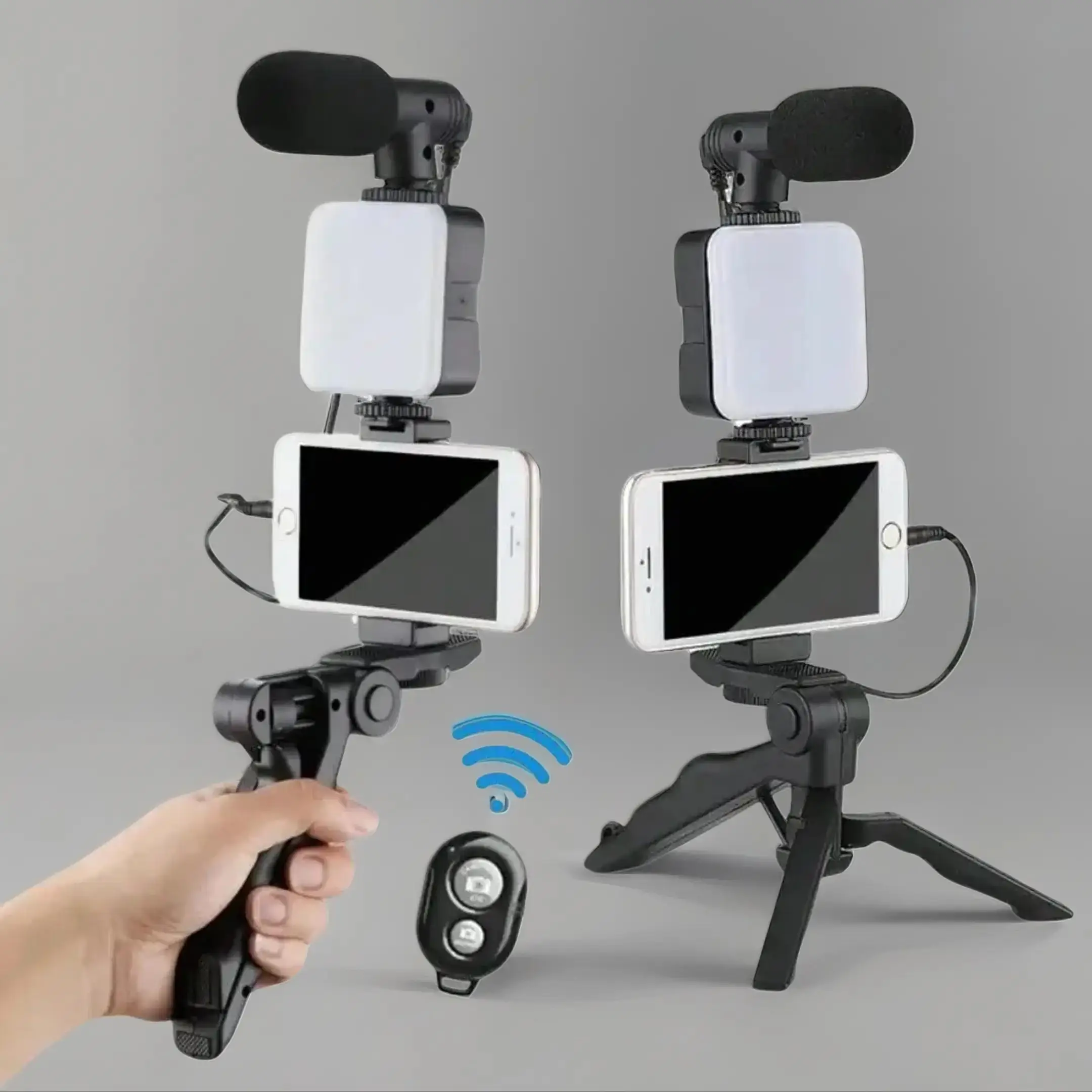 Smartphone Vlogging Kit, Handheld Phone Tripod with Microphone & LED Fill Light, Microphone Set, Phone Video Recording Kit for Live Streaming, Vloggin