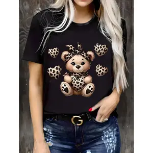 Soft Plus Size Women's Graphic Tee - Adorable Leopard Print Bear | Casual & Comfortable, Crew Neck, Short Sleeve, Machine Washable