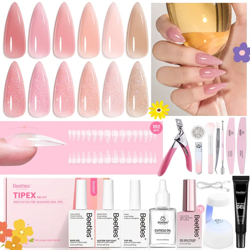 [Beetles] Tipex Lite Instant Apex Nail Tips - Tipex 2.0 192 / 224 / 256Pcs Almond / Square / Stiletto / Coffin Manicure Gel Press ons Nail Art DIY Pre-Etched Full Cover Acrylic Tips for Flat & C-Curve Nails | DIY Gift, Acrylic Fake Nails, Solid Nail Glue