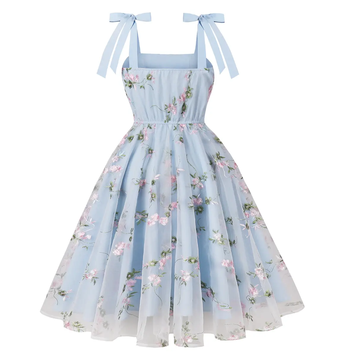 Light Blue Sheer Mesh Embroidered Floral Dress | Bow - Tie Straps & Vintage  Swing Skirt, Ideal for Summer Parties & Bridal Showers Casual Boho Chic  Casual Boho Soft Womenswear Breathable - TikTok Shop