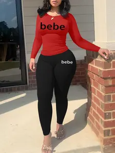 bebe letter print Women's Fall Winter Fashion Two-Piece Set, Casual Sporty Long Sleeve Pants, Simple Mix-And-Match Style, Daily Comfort Essential, Streetwear Tracksuit Set