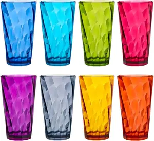 Optix Plastic Reusable Drinking Glasses (Set of 8) 20oz Water Cups in Jewel Tone Colors | BPA-Free Tumblers, Made in USA | Top-Rack Dishwasher Safe