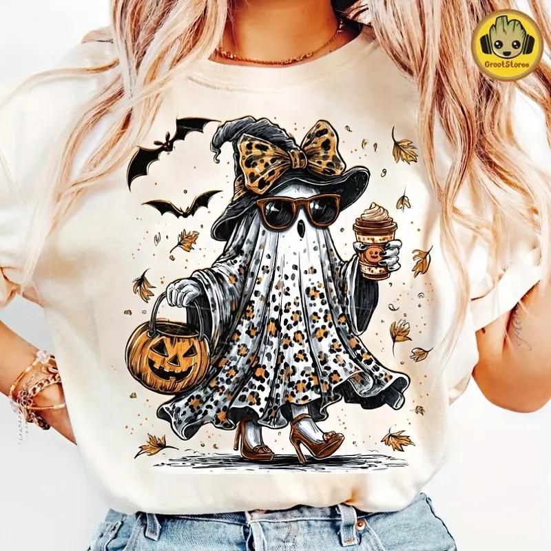 Women's T-Shirt Iron-On Halloween Theme Vinyl Patches - Fun Leopard Print, Cute Coffee Pumpkin Designs, for Sweatshirts, Pillowcases, Canvas Bags & Clothing Decor