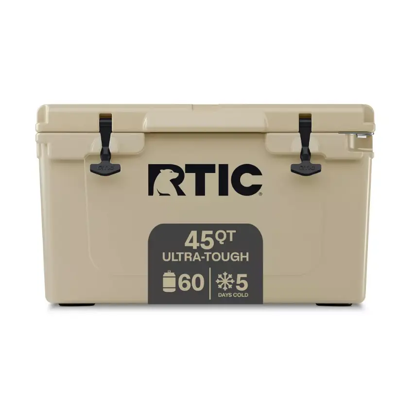 RTIC Outdoors 45qt Ultra-Tough Hard Sided Cooler, Premium Rotomolded Ice Chest with Heavy-Duty Construction, 5-Day Ice Retention, Portable Cooler for Camping, Boating, Fishing, Hunting, Beach, Boating & Tailgating, Tan