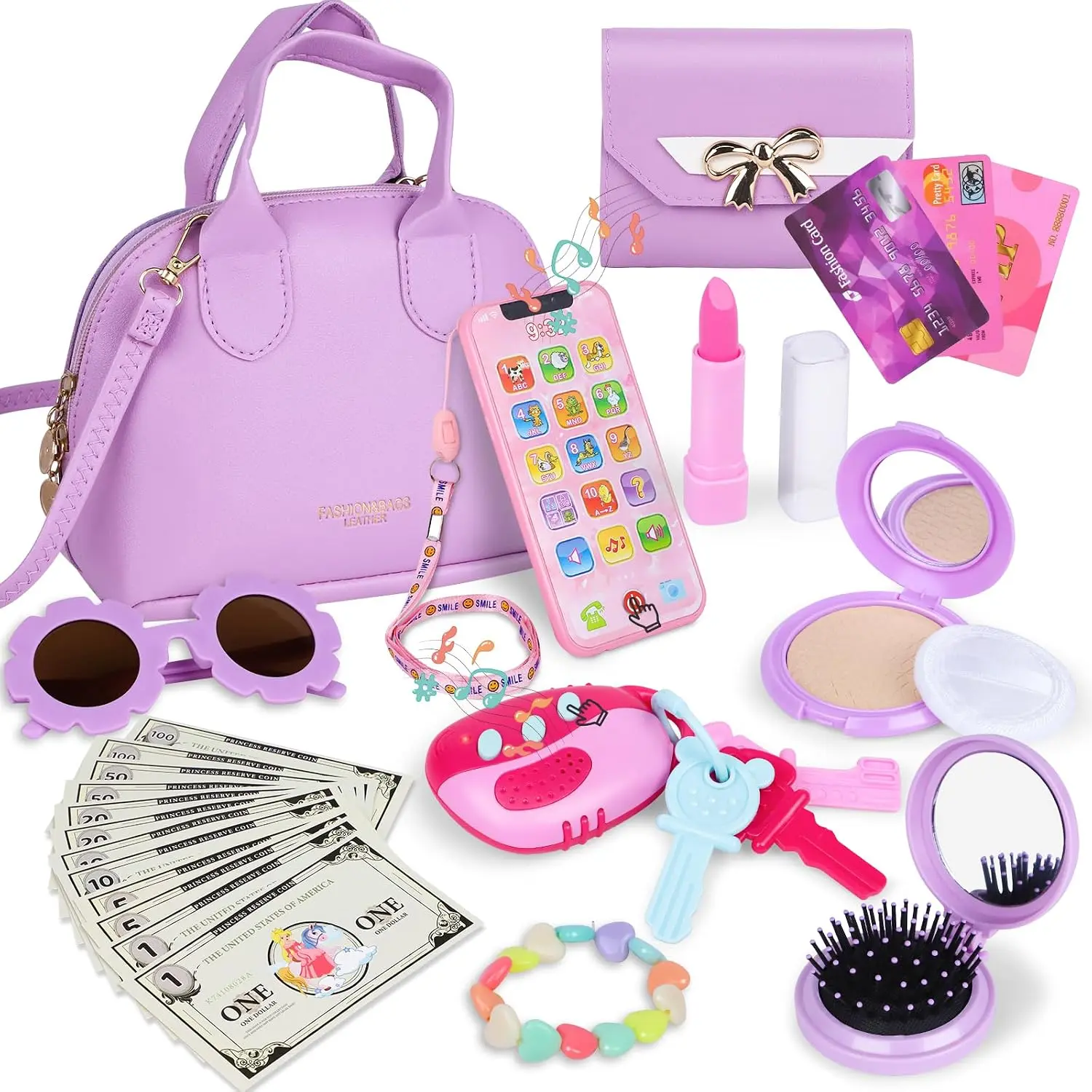Halloween Fall Gift Kids Purple Pretend Play Purse Set for Little Girls, Toy Handbag with Wallet, Sunglasses, Toy Keys, Smartphone, Play Money & Makeup Accessories, Dress-Up Role Play Set