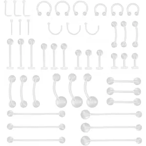 45pcs Clear Piercing Retainers Bioflex Nose Tongue Nipple Belly Rings Assorted Clear Plastic Body Piercing Jewelry for Women Man
