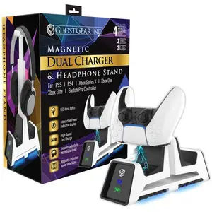 Ghost Gear - PS5 Dual Charger & Headphone Stand [WHITE] - Fast Charging for PS5, PS4, Xbox, Switch Controllers, Magnetic Power Induction Technology