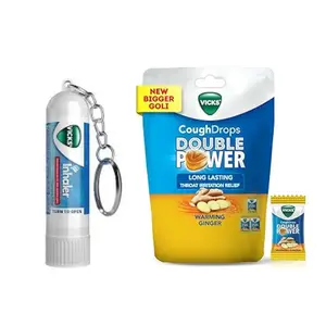 Vicks Cough Drops Double Power 25 Count & 0.02oz/0.5ml Inhaler Bundle for Fast Cold Cough Relief with Essential Oils Menthol Ginger Eucalyptus Camphor Honey