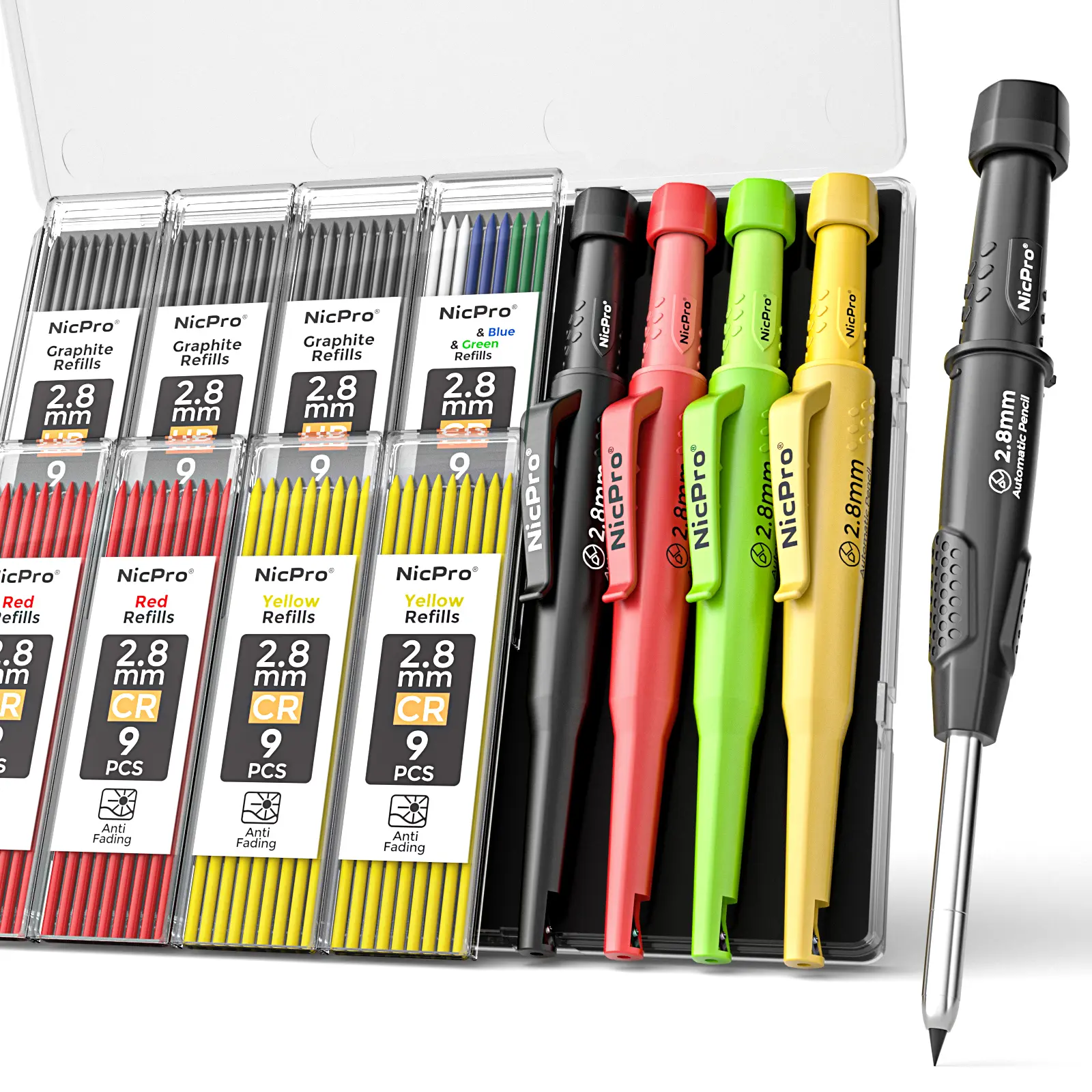 Nicpro CP3000 Ergonomic 2-Pack 38-Piece Durable Mechanical Carpenter Pencils Set - 2.8mm Industrial Sharpener Attachment, Refills, Deep Hole Marker, Protective Sleeve, Case - Heavy Duty Concrete Marking Woodworking Tool for Architects