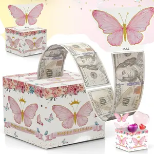 Birthday Money Box for Cash with Pull Out Card and 30 Transparent Bags for Parents, Lovers, Friends (Butterfly)