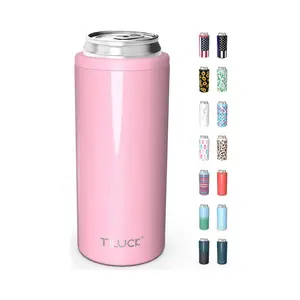 TILUCK Skinny Can Cooler for Slim Beer & Hard Seltzer, Stainless Steel, Doucle-Walled Stainless Steel Insulated Slim Cans, Standard 12 oz (Glitter Blush)