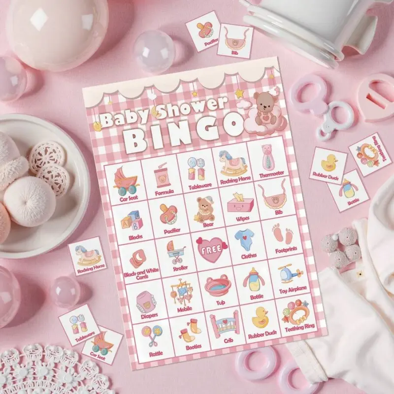 Pink Gingham Bear Baby Shower Bingo Game Cards, Card Games, Themed Card Game, Cute Interactive Icebreaker Activity, Fun Party Bingo Cards for Girl Baby Shower, Gender Reveal, Baby Sprinkle, Gender Neutral Party & Mom-to-Be Celebration