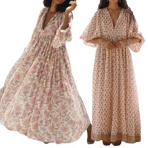 Women’s long dress with 3/4 sleeves, V-neck, floral print, loose fit, summer casual swing dress