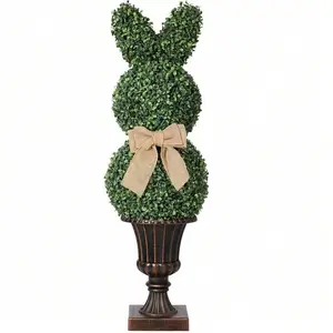 39"/3.25' Artificial Bunny Shaped Topiary Tree With Classic Planter Pot Rabbit UV-Resistant Bowknot Faux Boxwood Topiaries Plant Simulated Ect Decor