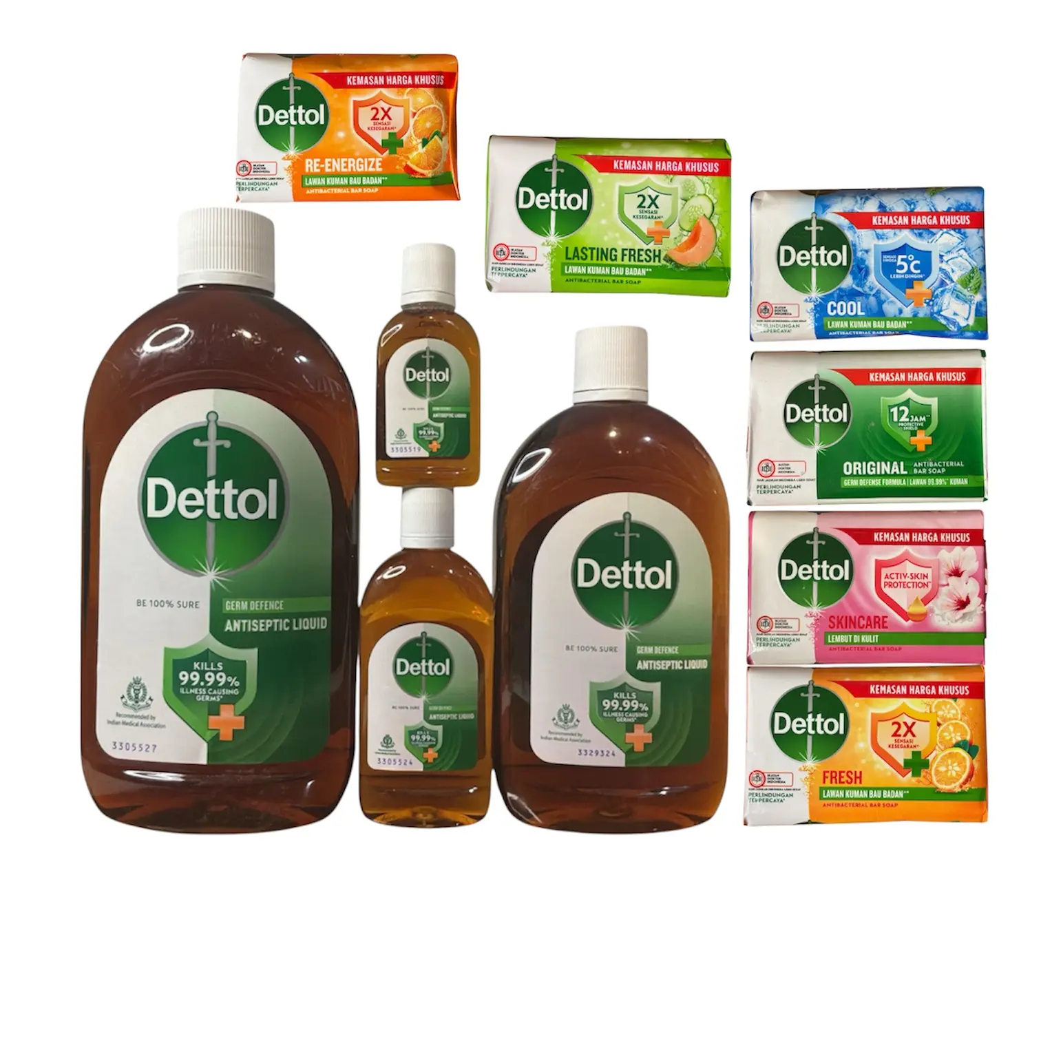 Dettol Germ Defense Liquid Hand Wash Assortment - 1L, 550mL, 125mL, 60mL Sizes + 6 Free 100g Soaps Each