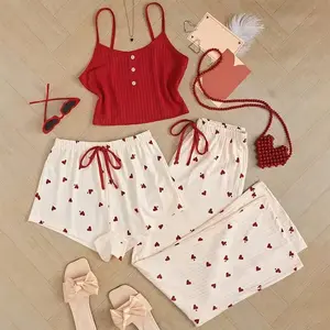 3 Pieces Pajamas Set Women Sleepwear Casual Heart-Shaped Printed Vest and Shorts and Pants Sets Homewear Pijamas