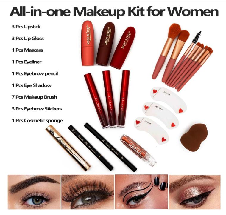 MISS ROSE M 148 Colors Makeup Pallet,Professional Makeup Kit for Women Full Kit,All in One Makeup Sets for Women&Beginner,include Eyeshadow,Lipstick,Eyeliner,Concealer,makeup brush(045 Set-Black)