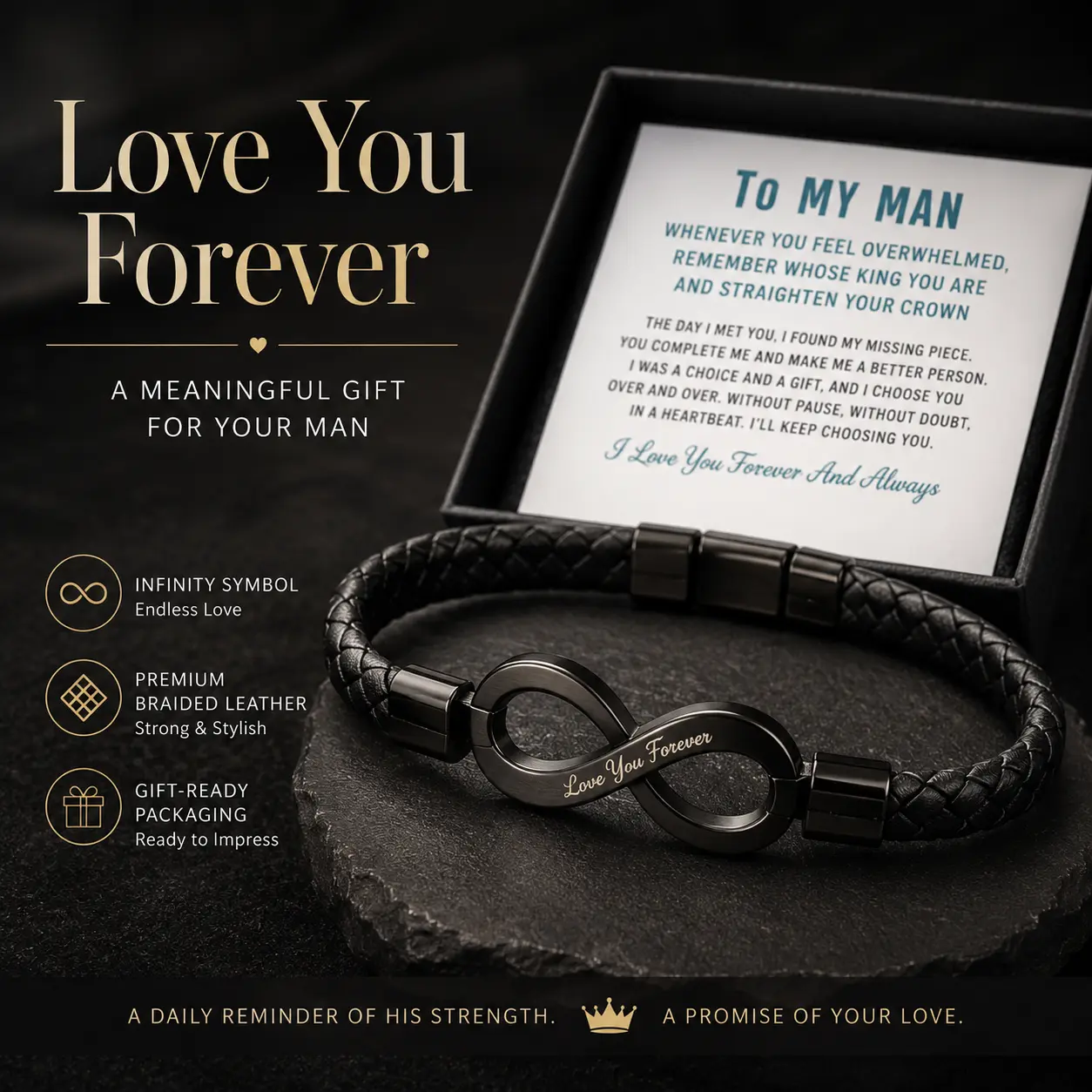 Love You Forever Infinity Bracelet for Men – Black Braided Leather Bracelet with Meaningful Message Card, Romantic Gift for Husband Boyfriend, Anniversary Birthday Valentine’s Day Gift