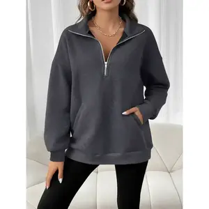 Plus Size Women’s Zip-Up Solid Color Pullover Sweatshirt, Casual Basic Long Sleeve Drop Shoulder Top, Fall & Winter Fashion