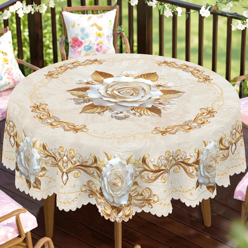 【Moving Season】PLUMLIK Elegant Golden Floral Tablecloth, Vintage Flower Pearl Pattern Round Rectangular Table Cover, Bridal Shower Gift, Summervibes Wedding Party Decoration, Holiday Festive autumn Decor, Kitchen Accessories Farmhouse Home Decor, Shabby