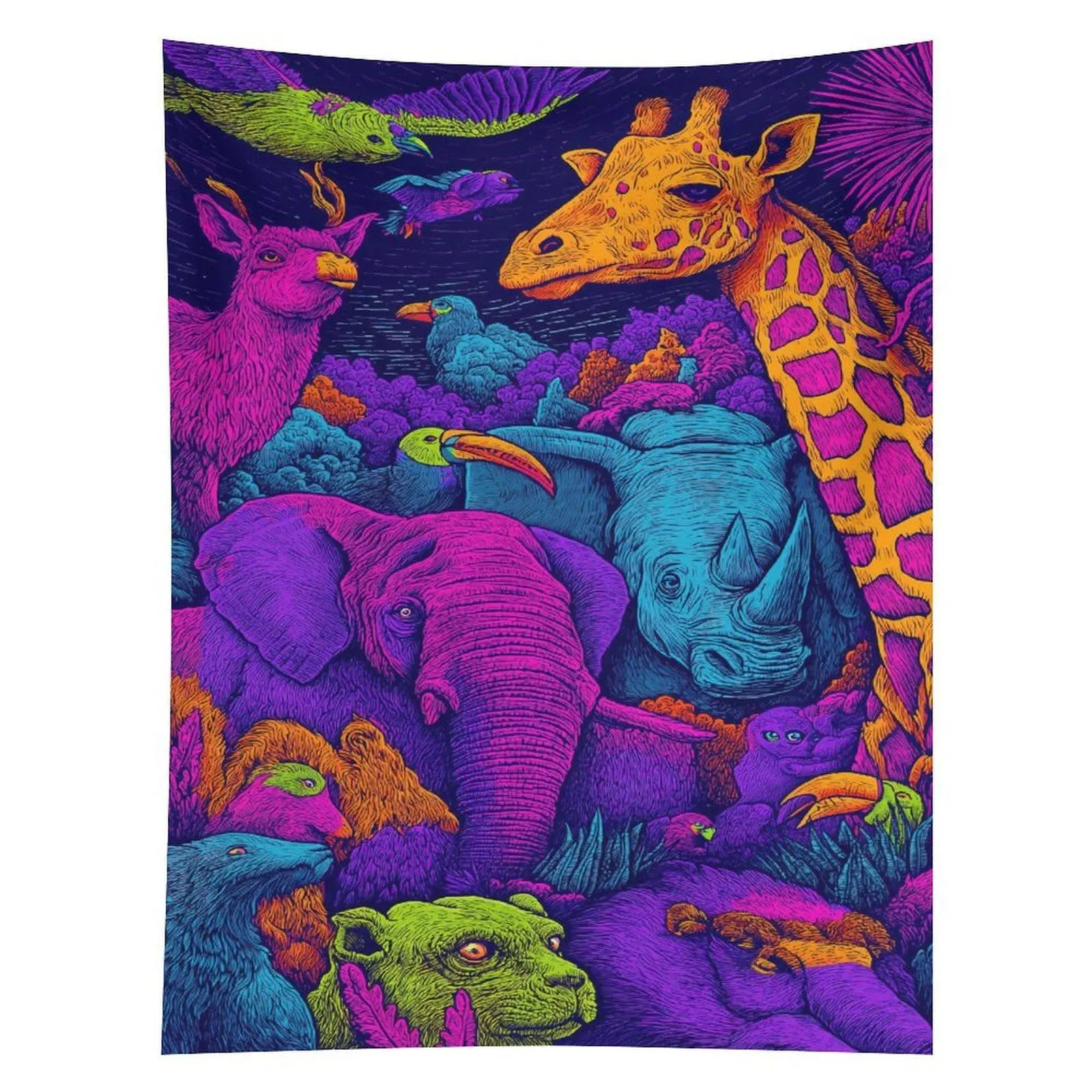 Psychedelic Safari Animals Tapestry Neon Jungle Wildlife Wall Hanging Decor