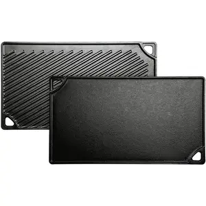 Double Play Reversible Cast Iron Grill/Griddle - Dual-Sided with Double Burner Configuration for Eggs, Pancakes, Burgers & More - Seasoned, Non-Toxic Cookware - Heavy-Duty Grill Pan - Black