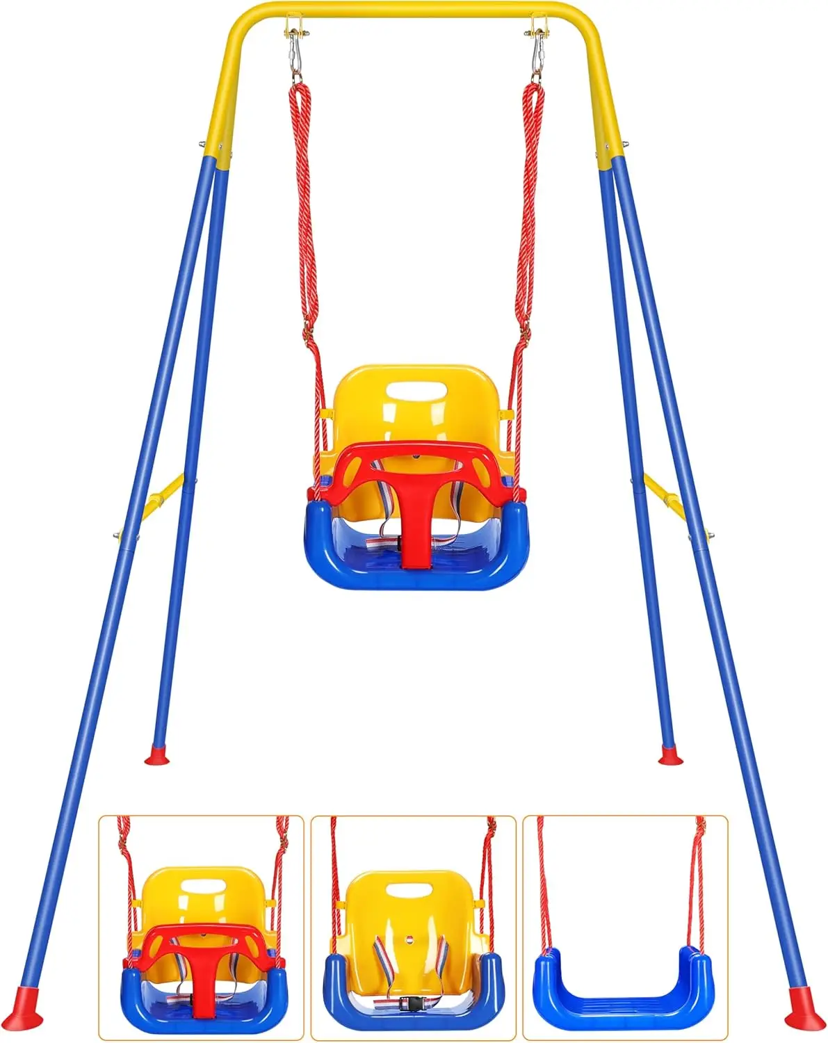 3-in-1 Baby Toddler Swing with 4 Sandbags, Toddler Swing for Outdoor/Indoor Backyard Play, Kids Swing Set with a Foldable Metal Stand, Easy to Assembl