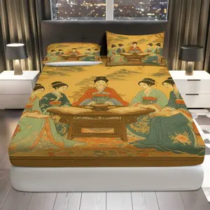 3Pcs Vintage Oriental Art Fitted Sheet Three Piece Set (1*Fitted Sheet+2*Pillowcases, Coreless), Cultural theme, Traditional Painting Bedding Set, Mattress protector Soft, Breathable