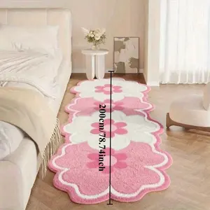 Pink flower cream style long bedside carpet petal shape pattern bedroom decoration home decorative rug plush carpet fluffy soft living room study washable carpet cute warm lounge computer table non-slip floor mat Floral Area Rug