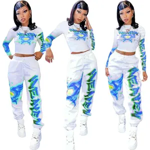 Women's Casual Letter Print Long Sleeve Top and Jogger Set - Polyester Blend, Drawstring, Knit Fabric, All-Season Fashion Tracksuit Clothes White Tie Dye Womenswear Fitted White+And Blue
