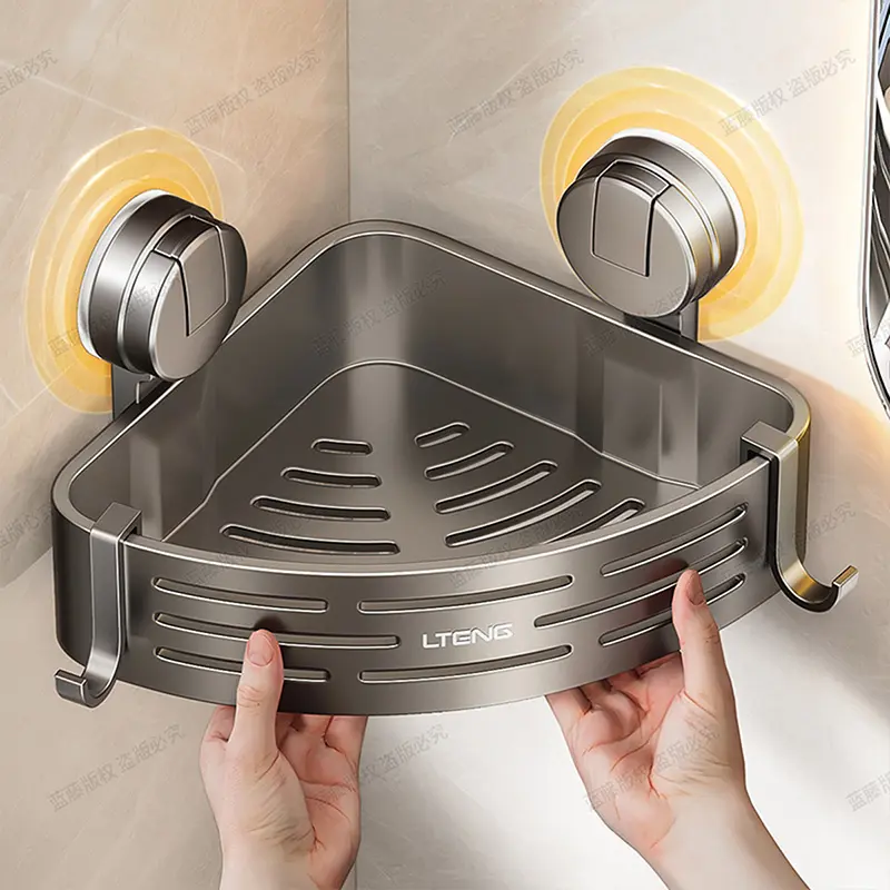 2026 New Suction Cup Corner Shower Shelf, No-Drill Bathroom Corner Shelf Strong, Waterproof Suction Cup, Bathroom Organizers and Storage Countertop for Bathroom Kitchen