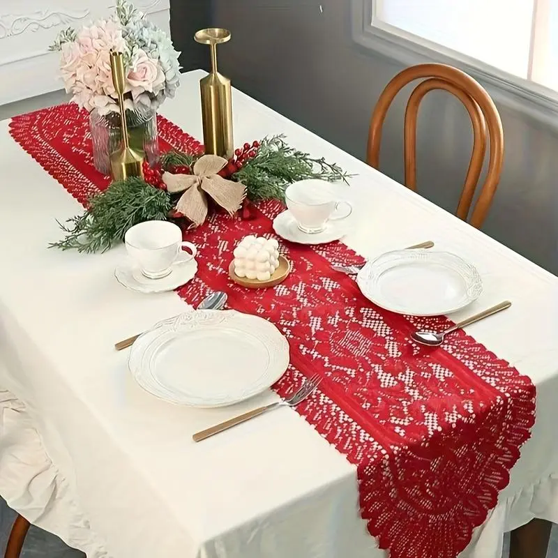 Lace Crochet Table Runner, 1 Count Tablecloth, Table Decoration Supplies for Home Kitchen Dining Room, Table Setting