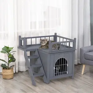 Dakota Cat House with Stairs, Rooftop Balcony, Indoor Lounge Area & Side Stairs for Elder Pets and Mobility Issues