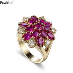 Vibrant Ruby Flower Statement Ring, Gold Plated CZ Accent Floral Cocktail Ring for Women, Luxe Gemstone Jewelry, scratch-resistant metal with secure stone setting, great for special events, birthday gifts, everyday glamour and party styling