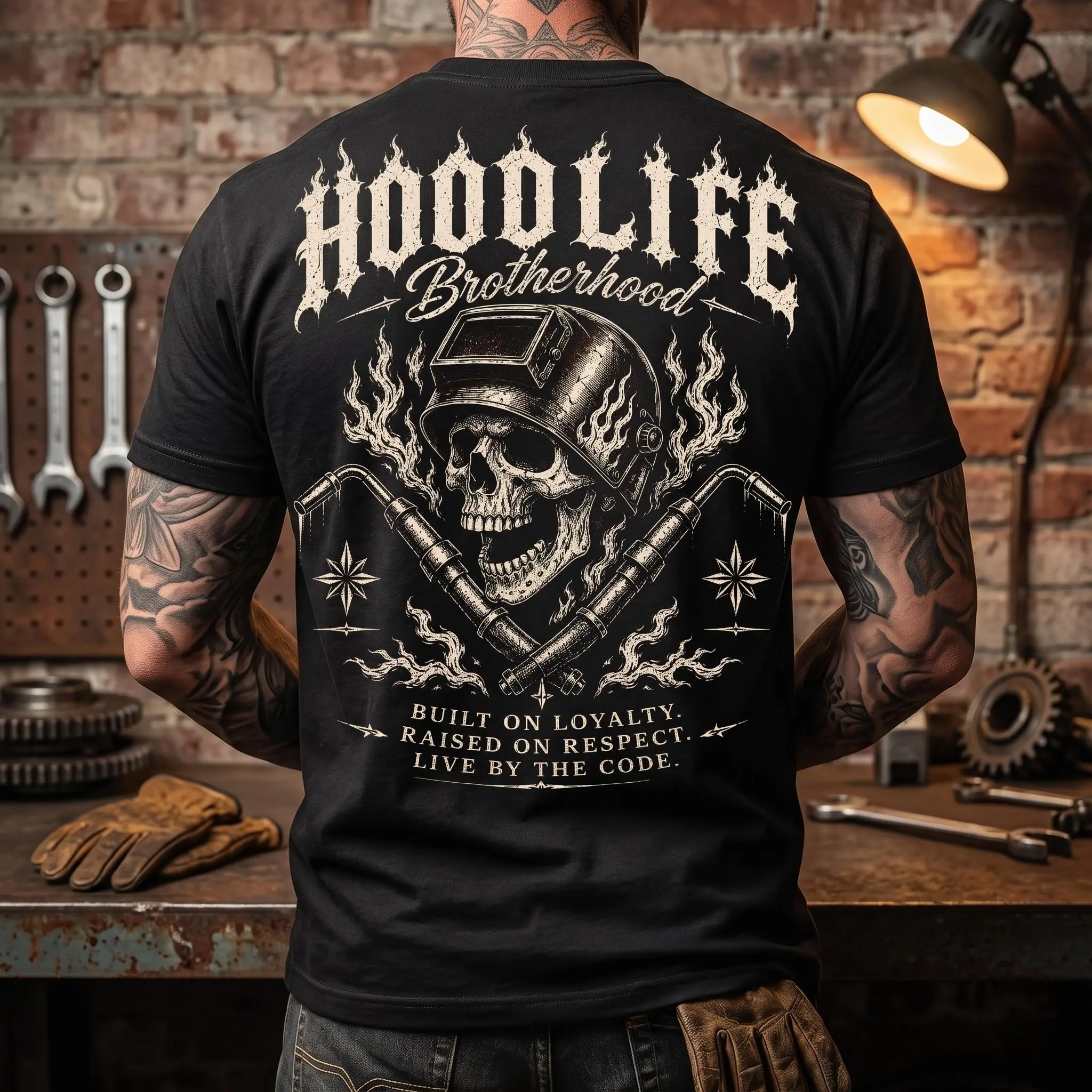Hood Life Brotherhood Welder T-Shirt Vintage Skull Welding Graphic Tee Tradesman Gift for Him Men Short Sleeve