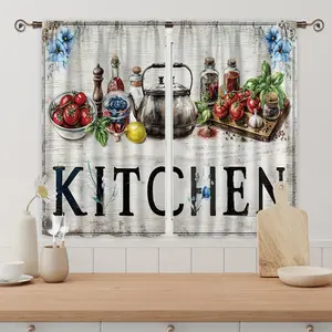 2pcs - Polyester - Retro Fruit and Vegetable Kitchen Curtain Valance Set Farmhouse Country Wooden Plank Floral Kettle Print Cafe Office Living  Bedroom Dining  Home Decoration decor custom drapery panel doble layer room darkening ruffle boho cortina forro