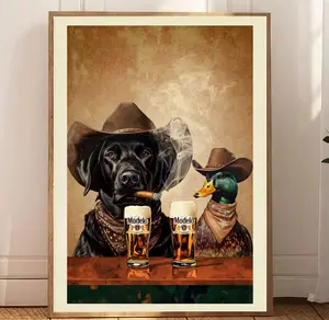 Dogs Cowboy with Mallard Duck drink brew vintage poster, Funny art whimsical print, cabin bar wall decor, Unique Gift for Men Dad Owned Pet Lovers