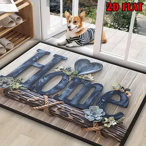 2D Flannel 1pc Of "Home" Welcome Mat, Featuring A Blue Floral Design, Non-Slip, Easy To Clean, Machine Washable, Suitable For Indoor And Outdoor Use, Perfect For Patios, Doorways, Gardens, Terraces, And Various Decorative Settings