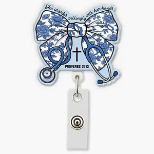 She Works Willingly With Her Hands Retractable Badge Reel, ER ICU RN Nurse Practitioner ID Holder, Healthcare Worker Gift 4UC