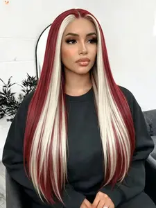 "Burgundy Wig with Blonde Highlights, 13×4 Lace Front Straight Wig, Free Parting, Natural Hairline.High-Temperature Resistant Synthetic Fiber.Suitable for Burgundy-Toned Stage Looks, Coachella Festival, Women’s Parties, Cosplay, and Stage Performances.