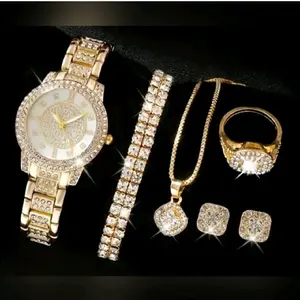 Elegant Rhinestone Watch Set with Gold-Tone Bracelet Necklace Ring and Earrings for Women
