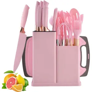 19 Piece Kitchenware Utensils and Knife Set- Includes: 9 Piece Silicone Cooking Utensils- 6 Piece Sharp Stainless Steel Chef Knives- Scissors -Whisk Tongs and Cutting Board