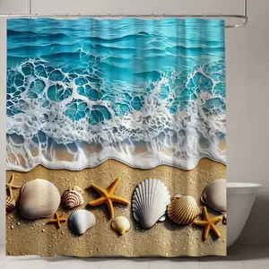 Vibrant Beach Scene Shower Curtain, Turquoise Ocean Waves & Sandy Shore Design, Seashells and Starfish, Coastal Bathroom Decor