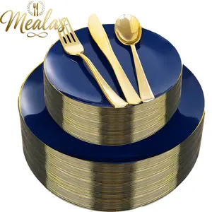 50 Blue Gold Rim Plastic Decorative Plates, Blue Plates and Cutlery Set, Perfect for Wedding Banquets, Baptisms, Christmas, Halloween
