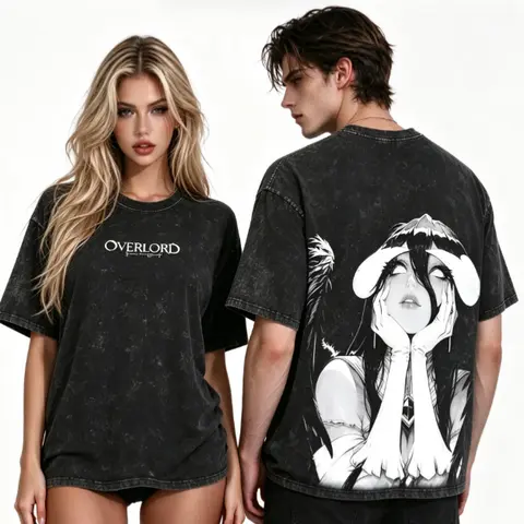 Overlord Albedo Acid Wash Vintage T-Shirt,Unisex Oversized Anime Graphic Tee,Retro Washed Short Sleeve Streetwear Top,Overlord Anime Merch Gift for Men Women