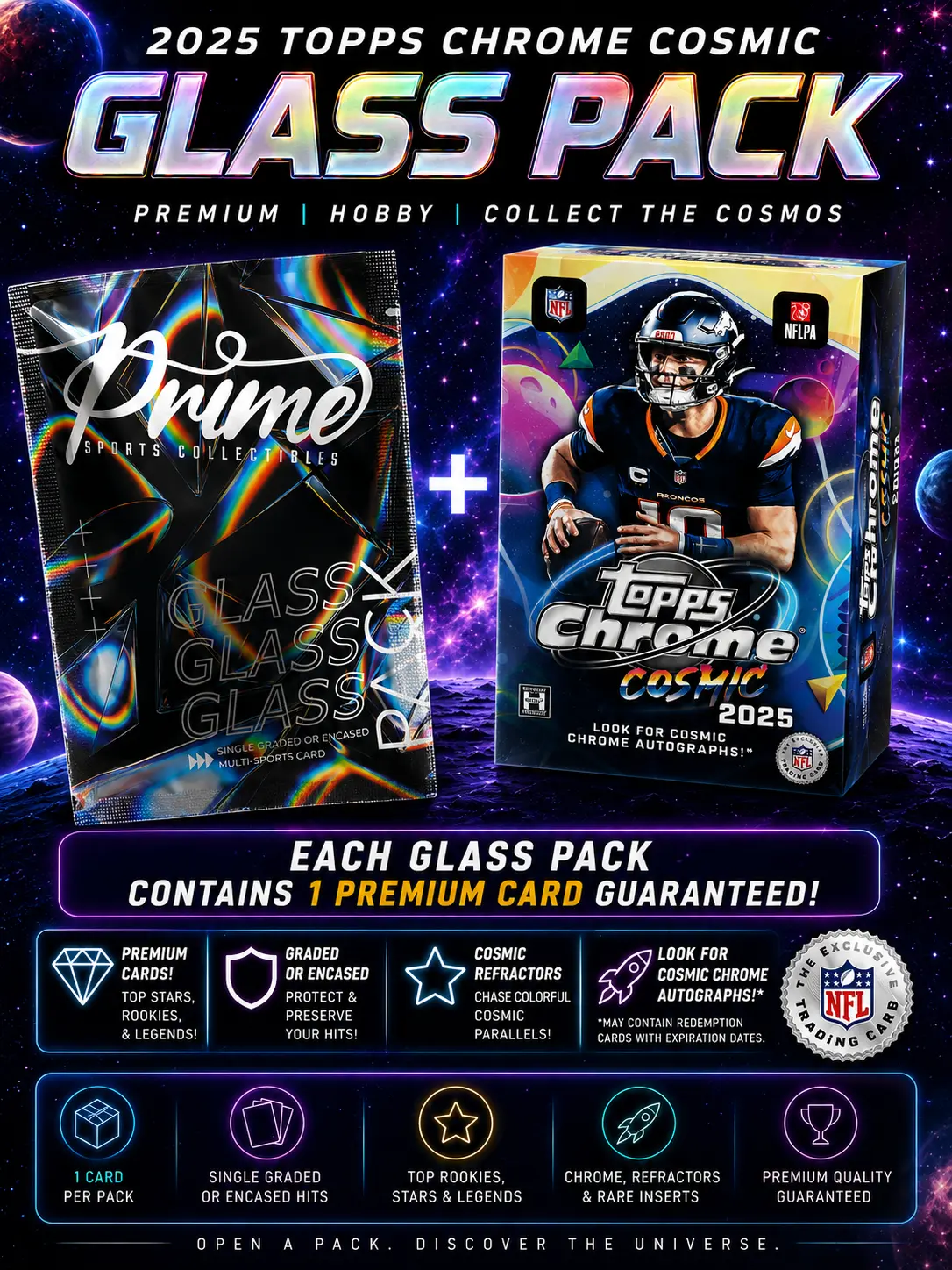 Pick Your Team NFL/NBA/MLB - 25 All New Glass Packs | 2025 Topps Chrome Cosmic Hobby Box | 12 Monster Packs