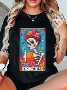 Women's La Frida Tarot Card Graphic T-Shirt, Casual Day of the Dead 100% Cotton Tee with Short Sleeves and Round Neck for Everyday Wear