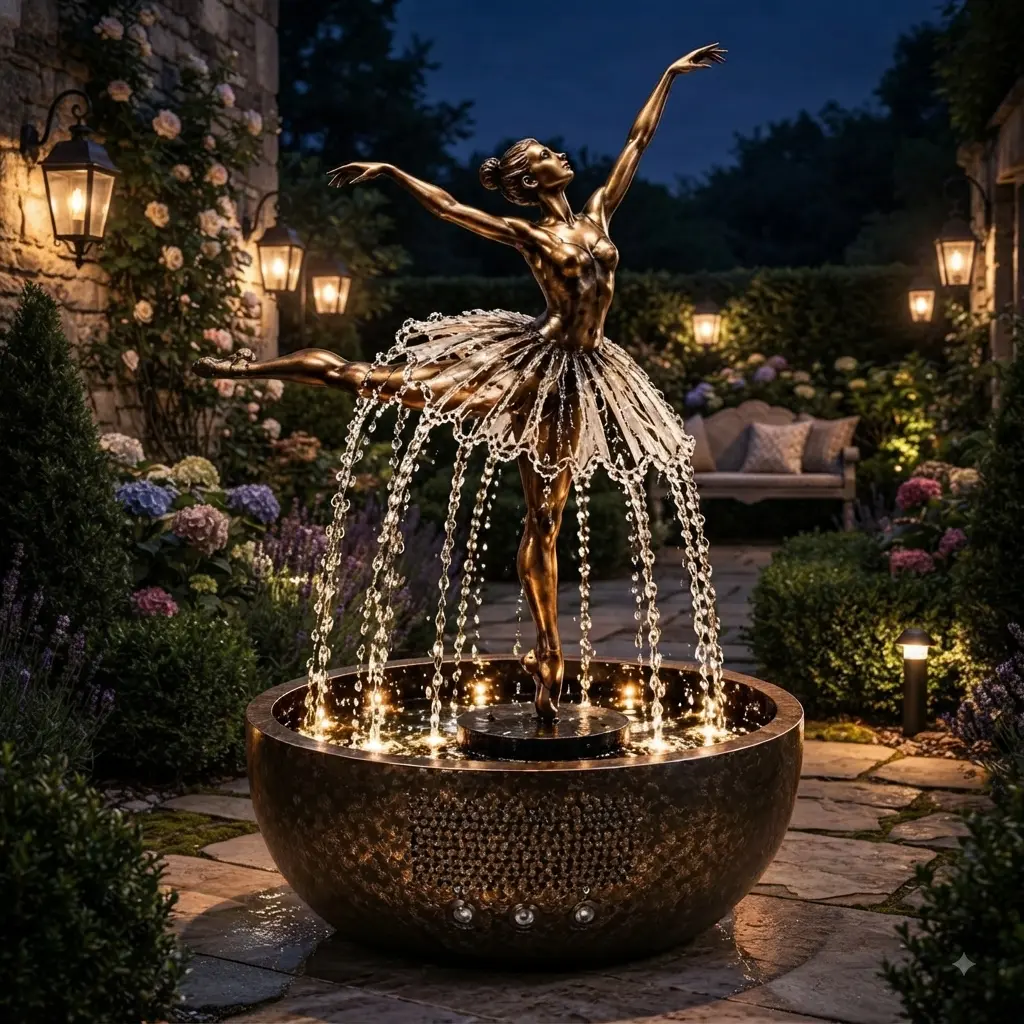 Elegant Ballerina Water Fountain, Bronze-Finish Dancing Girl Sculpture with Cascading LED Lights, Sophisticated Outdoor Garden Decor, Serene Water Feature for Patio, Backyard, Courtyard, Zen Relaxation Statue Gift for Home & Landscape Decor