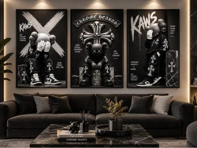 Chrome Hearts Wallpaper Wall Art Set of 3, KAWS Gothic Posters, Black Silver Cross Decor